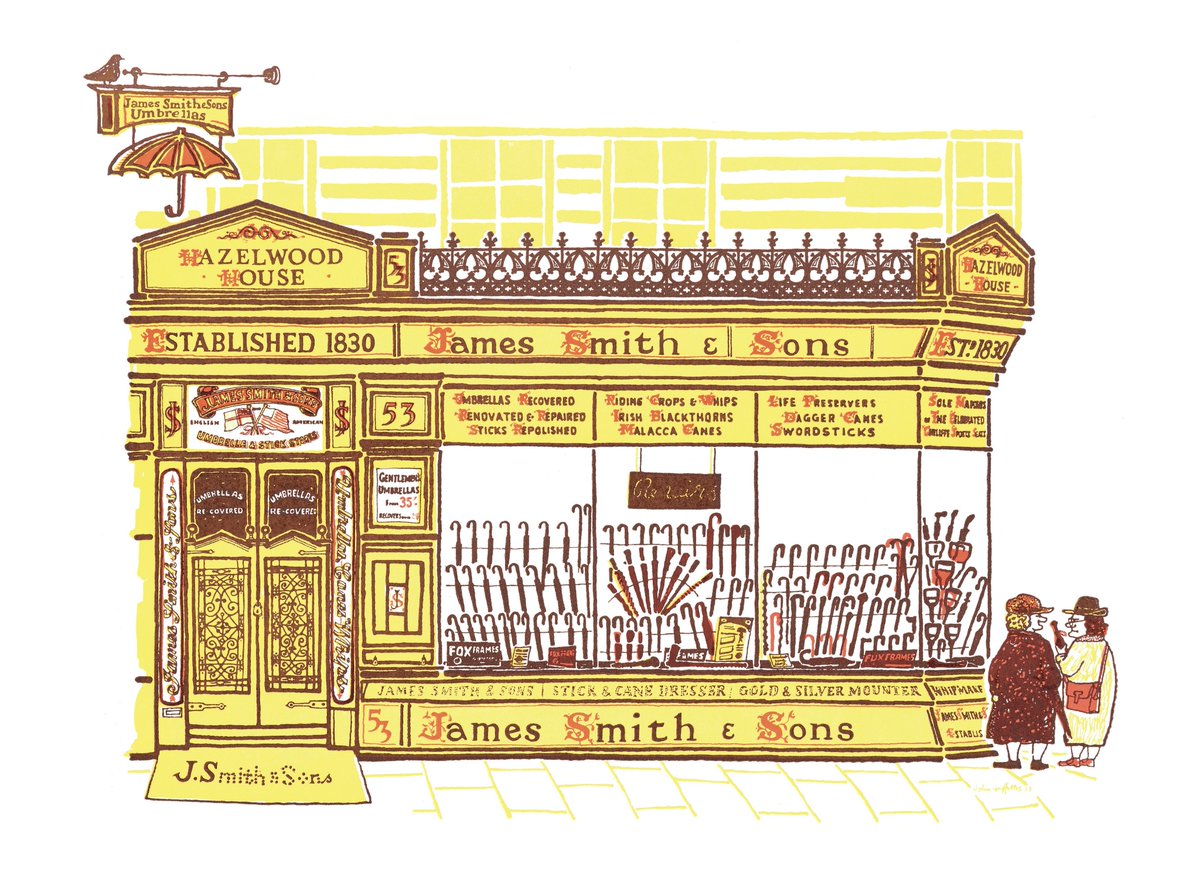 MainstonePress's tweet image. What's your favourite London shopfront?

This 1959 lithograph shows the iconic James Smith umbrella shop and is part of a series of prints we are launching at the Bouncing off the Wall Graphic Art Fair in Shepherd's Bush W12 9PT on Sunday. Doors open at 12!