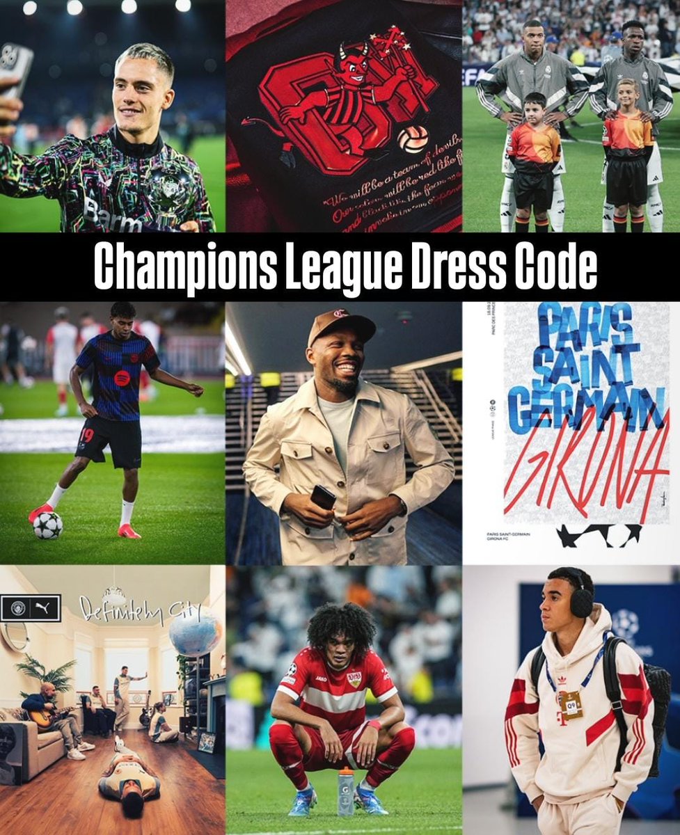 alejandromendo's tweet photo. Chaquetas que no te querrás quitar cuando pite el árbitro, camisetas limpias *con el reglamento en la mano* y la prepartido que Will Smith le regaló a Florian Wirtz

El nuevo dress code
de la Champions 🧵 https://t.co/KMGB7n1W54