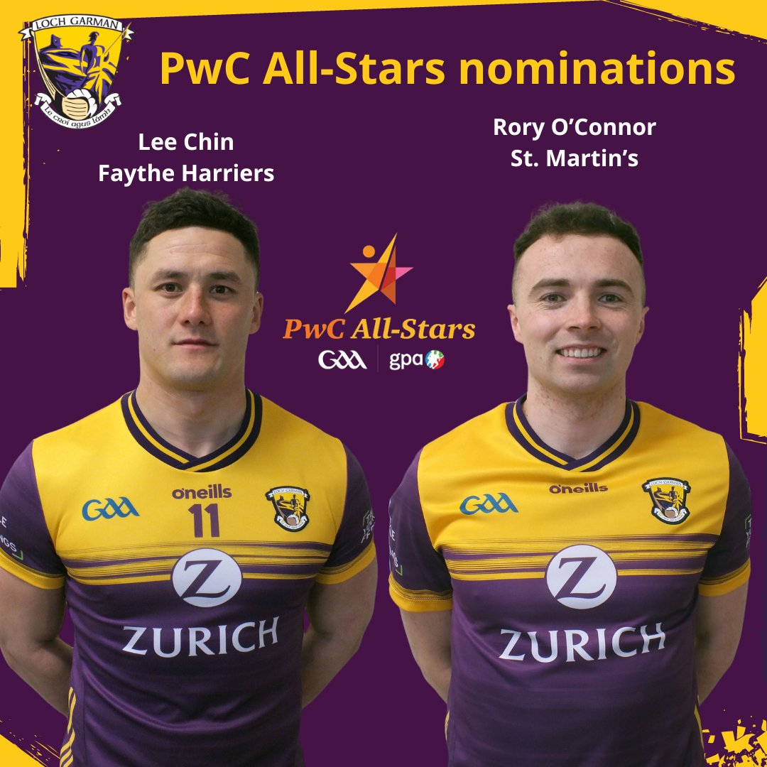 Wexford GAA (@officialwexgaa) on Twitter photo Congratulations to Lee Chin (<a href="/faytheharriers/">Faythe Harriers GAA</a>) and Rory O'Connor (<a href="/StMartinsGAA/">St Martin's</a>) on their PwC Hurling All-Star nominations, announced this morning.
Winners will be revealed at a ceremony to be broadcast live by RTE on Friday November 1st. Congratulations to Lee Chin (<a href="/faytheharriers/">Faythe Harriers GAA</a>) and Rory O'Connor (<a href="/StMartinsGAA/">St Martin's</a>) on their PwC Hurling All-Star nominations, announced this morning.
Winners will be revealed at a ceremony to be broadcast live by RTE on Friday November 1st.