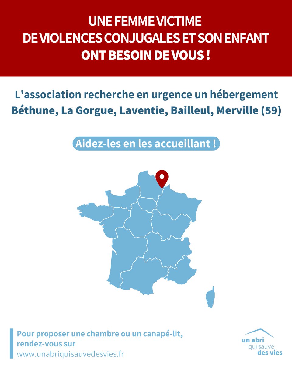 ⚠️ URGENCE #VIOLENCESCONJUGALES ⚠️

Un abri qui sauve des vies recherche un lieu sûr pour héberger en urgence une femme et son enfant à 📍#Béthune (59) et alentours

Pour les aider, vous pouvez l'accueillir.

La durée est déterminée selon vos disponibilités.

Merci de partager 🙏