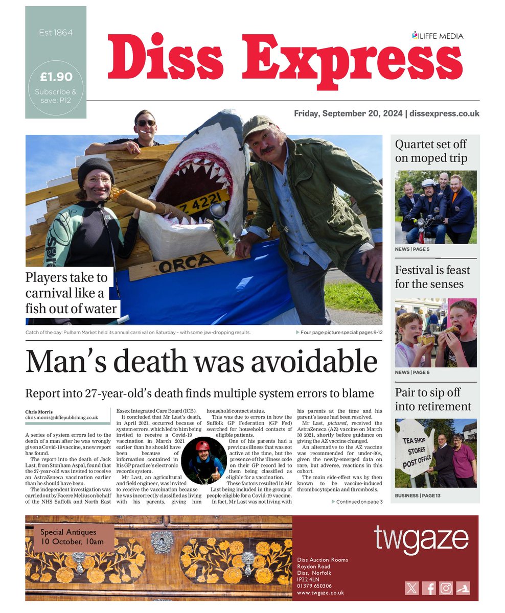 Today's <a href="/Diss_Express/">Diss Express</a> includes a four-page picture special on this year's Pulham Market Carnival, the latest report into a 27-year-old's death from the covid vaccine and a quartet's quest to ride some vintage mopeds (with a top speed of 28mph) from Norfolk to the Netherlands.