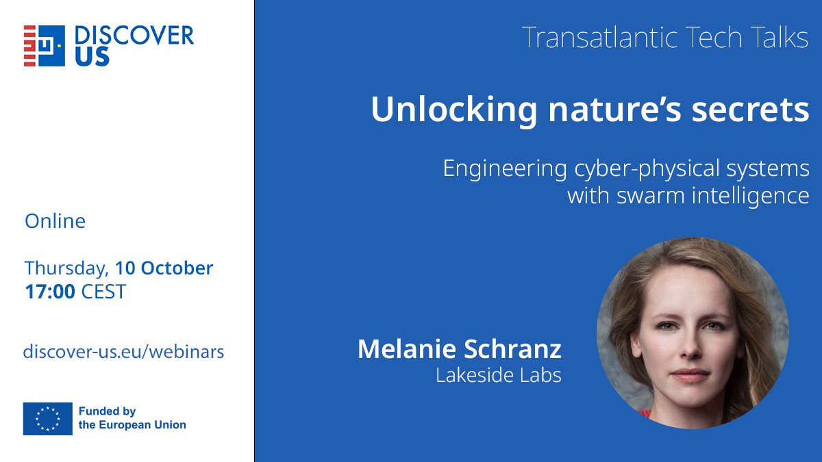 Reminder: Next #DiscoverUS #TransatlanticTechTalk 
🐝 Unlocking nature's secrets: Engineering cyber-physical systems with swarm intelligence – @melanie_schranz, <a href="/lakeside_labs/">Lakeside Labs</a>
🗓 Thursday, 10 October 2024 | 🕔 17:00 CEST
Register here 👉discover-us.eu/webinars/#/ 

<a href="/OASEES3/">OASEES</a>