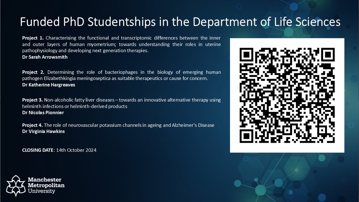 JimPritchett's tweet image. Excited to share four fully funded PhD opportunities with amazing colleagues in the Department of Life Sciences: tinyurl.com/MMUDoLsPhD2024
@MMUEngage @ManMetUni @MMU_LifeScience