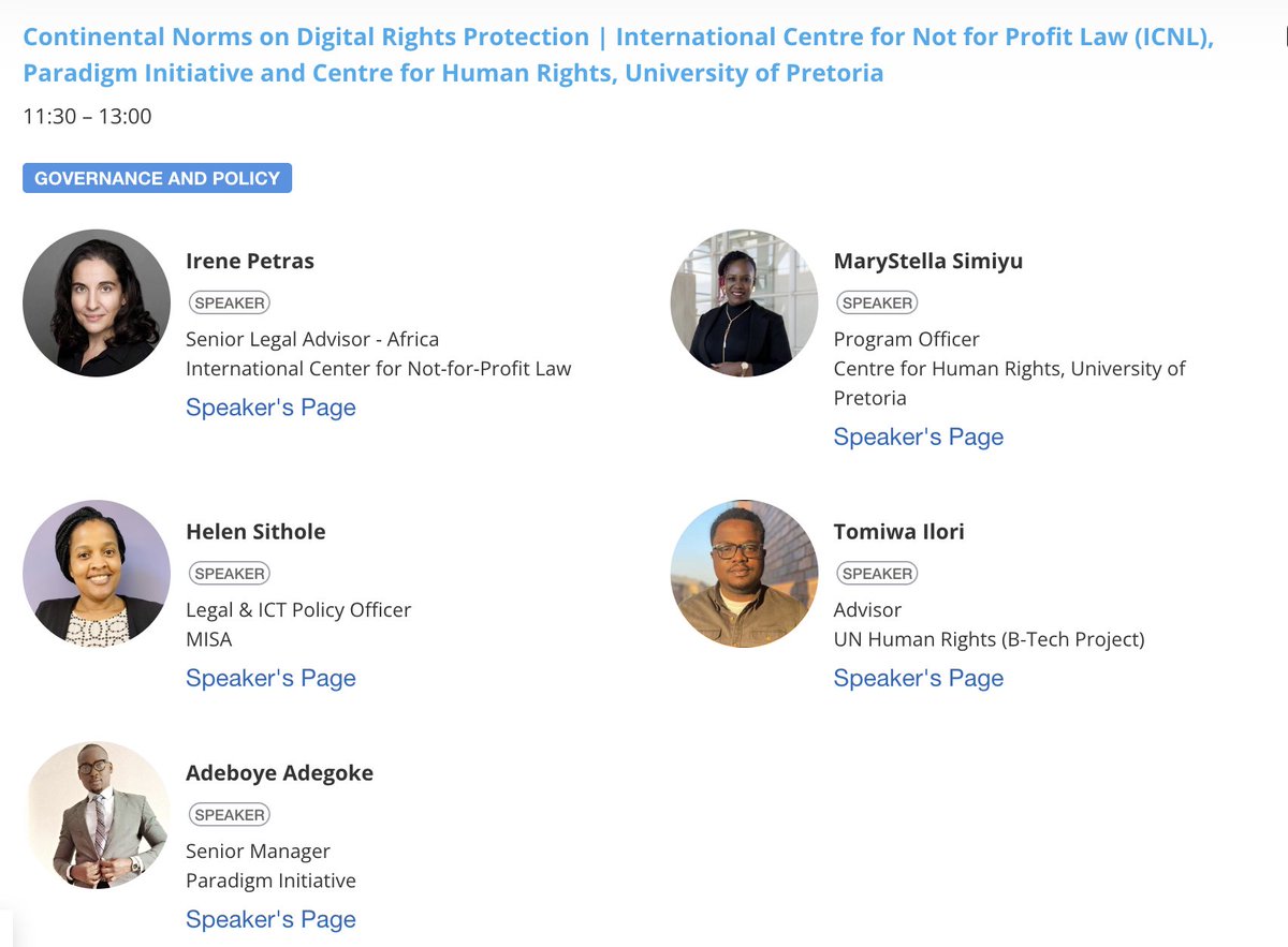 4⃣Days to go! 
Sessions to lookout for at #FIFAfrica24
<a href="/ICNLAlliance/">ICNL Alliance</a> <a href="/ParadigmHQ/">Paradigm Initiative (PIN)</a> <a href="/CHR_HumanRights/">CentreForHumanRights</a> will convene a session to assess progress relating to various continental #digitalpolicy initiatives... 

#InternetFreedomAfrica 
#DigitalRight