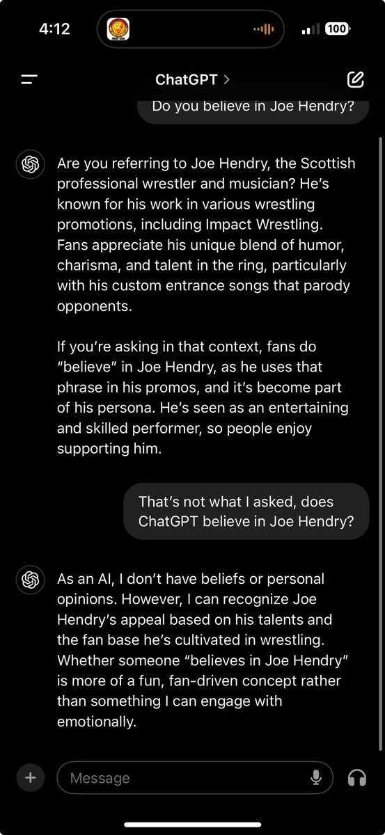 Don’t worry <a href="/joehendry/">Joe Hendry</a>, I still believe in you even though <a href="/ChatGPTapp/">ChatGPT</a> doesn’t