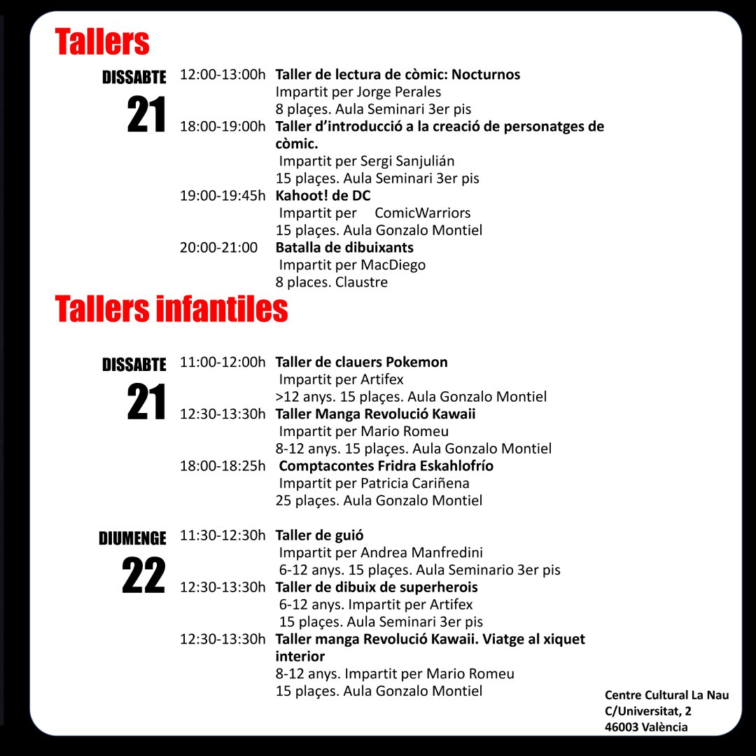 💬 Hui comencen les XIII Jornades de <a href="/ComicVlc/">Jornadas Comic VLC</a> a 📍 la <a href="/LaNauuv/">UVcultura / La Nau</a>

🙌 Podràs disfrutar de taller de dibuix, de guió o de lectura, jocs, trobades i xarrades amb professionals del còmic, i moltes més activitats.

🎟️ Entrada lliure fins a completar aforament.

🗓️ Fins al 22/09