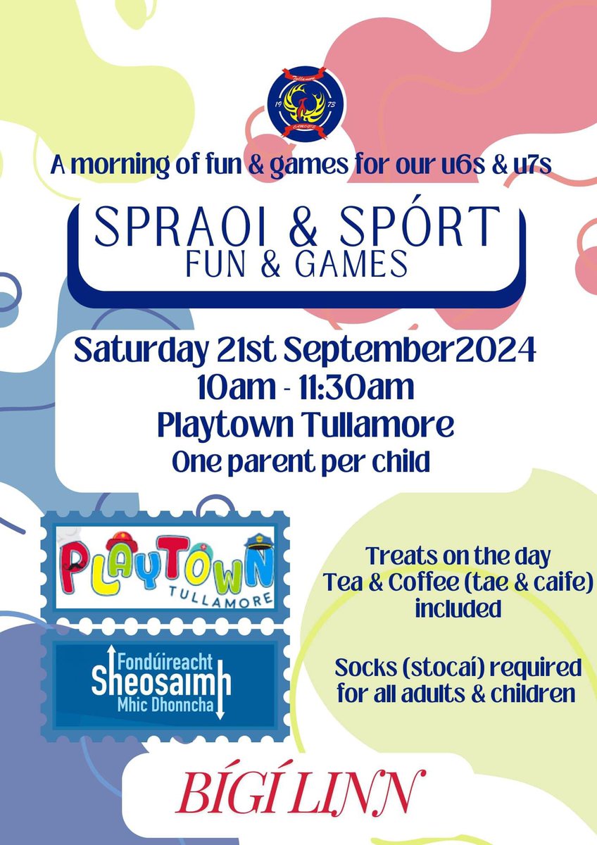 PlaytownT's tweet image. We’ve A Very Exciting Weekend Ahead Starting With A Sell Out 10am Play Experience For Tullamore Camogie On Saturday Morning

Remaining Available Spaces For Other Play Experiences Can Now Be Booked @ playtowntullamore.ie/book-online/ 

#childrensmuseum @visitoffaly #funforallthefamily