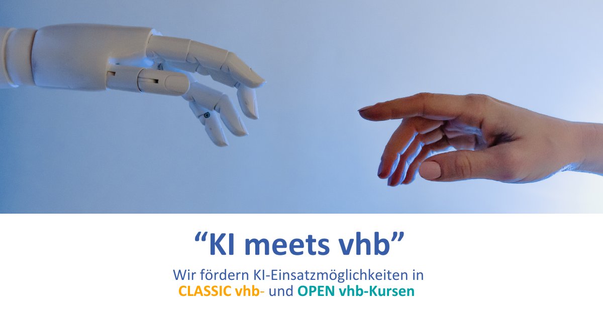 „KI meets vhb: Experimentelle Ansätze in der Online-Lehre ermöglichen“

Wir fördern die Erprobung von KI-Einsatzmöglichkeiten in 14 bestehenden CLASSIC vhb- und 6 bestehenden OPEN vhb-Kursen.
Mehr: vhb.org/lehrende/kurse…