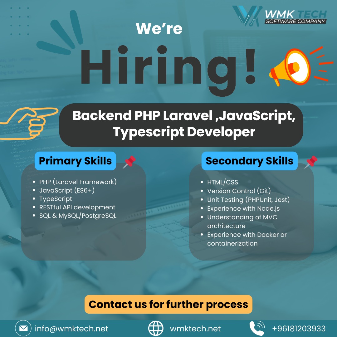 wmktech's tweet image. We’re seeking a PHP Laravel expert with JavaScript &amp;amp; TypeScript knowledge to join our dynamic team
Apply now and be part of the innovation!
#BackendDeveloper #PHPLaravel #JavaScript #TypeScript #WebDevelopment #HiringNow #TechJobs #wmktech