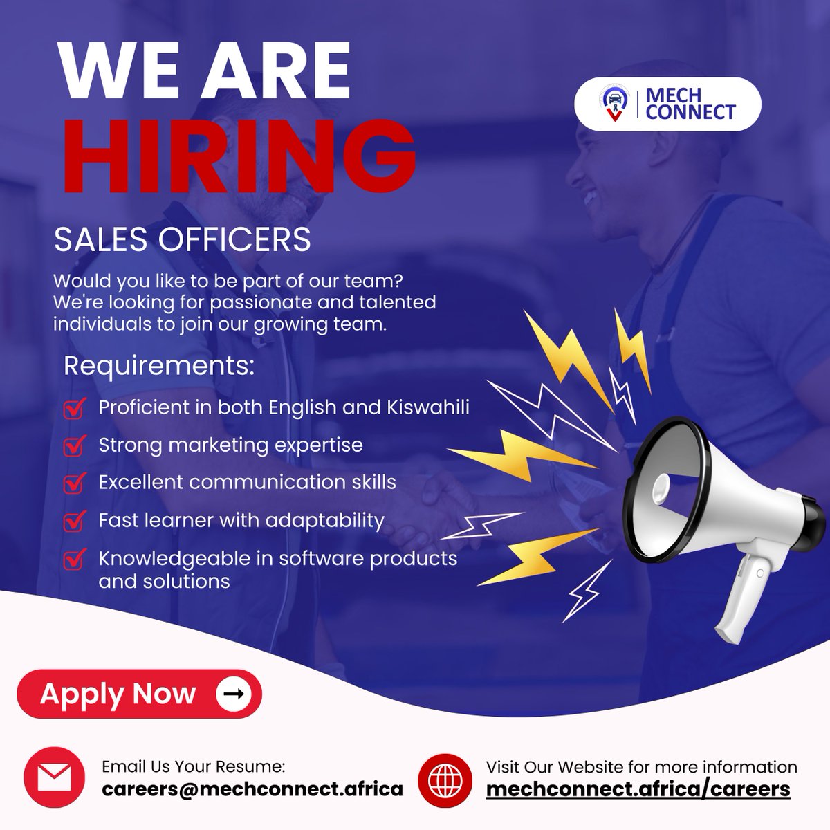 🚀 We’re Hiring! 🚀
Join Mech Connect as a Sales Officer and help transform the way garages operate with our innovative Garage Management System!
🔍 Are you passionate about sales &amp; tech
🚗 Ready to make an impact?
📲 Apply now at: mechconnect.africa/Careers