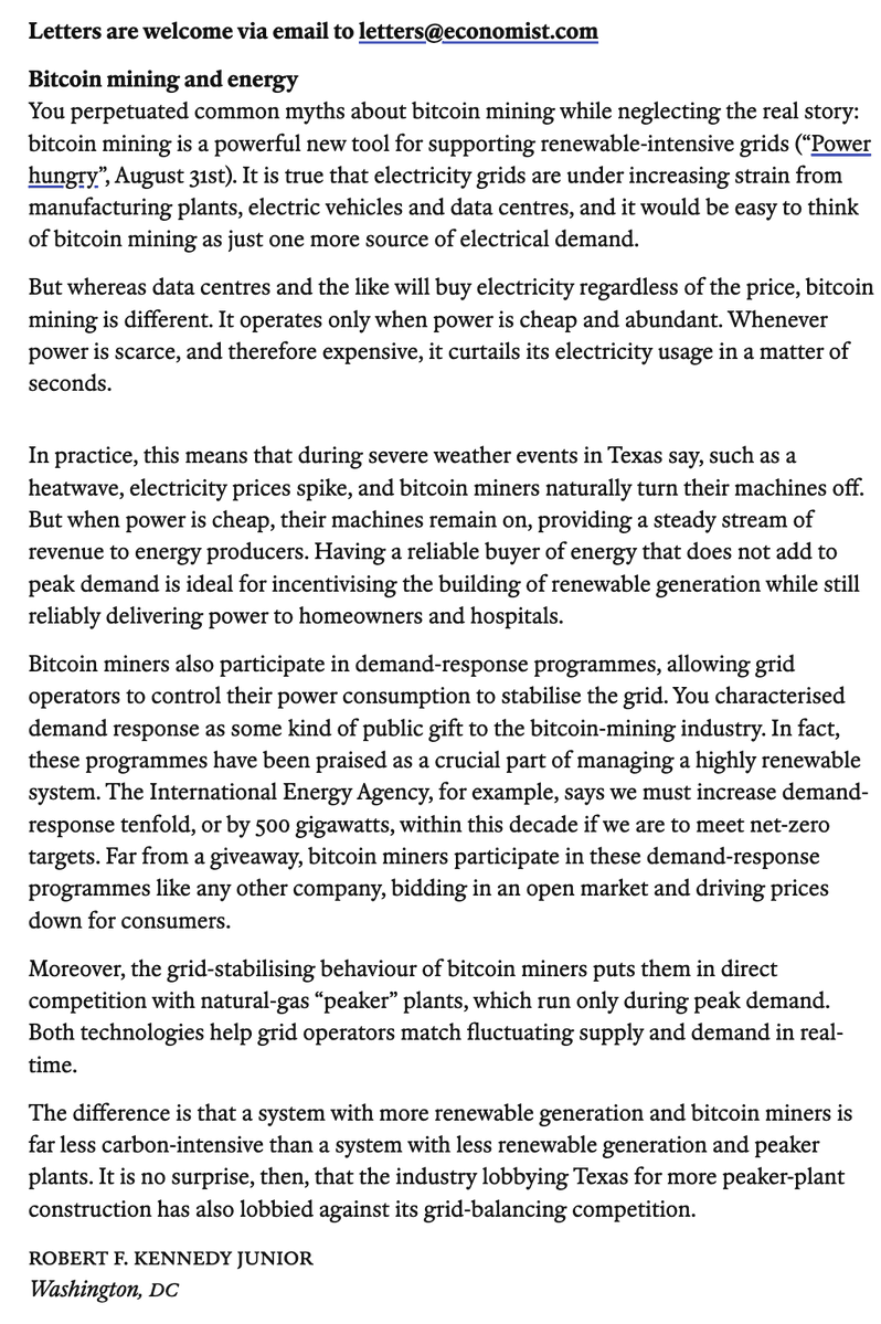 最新情報:
RFK Jr.が<a href="/TheEconomist/">The Economist</a>に宛てた手紙では、「#ビットコインの採掘は、再生可能エネルギーを強力な新たなツールとしてサポートするためのもの」と述べました。