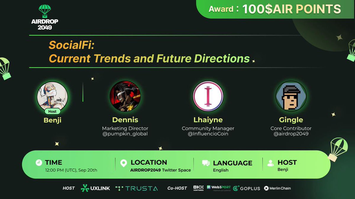 AIRDROP2049 (@airdrop2049) on Twitter photo ❤️🔥AIRDROP2049 Season Two Online Carnival
🧬SocialFi theme AMA
🔥Current Trends and Future Directions.
🤵Special Guests:
🖤Dennis - Marketing Director <a href="/Pumpkin_global/">Pumpkin | Live trading</a>
🖤Lhaiyne - Community Manager of <a href="/InfluencioCoin/">Influencio.io</a>
🖤Gingle - Core contributor of <a href="/airdrop2049/">AIRDROP2049</a>
🎙️Host:Benji ❤️🔥AIRDROP2049 Season Two Online Carnival
🧬SocialFi theme AMA
🔥Current Trends and Future Directions.
🤵Special Guests:
🖤Dennis - Marketing Director <a href="/Pumpkin_global/">Pumpkin | Live trading</a>
🖤Lhaiyne - Community Manager of <a href="/InfluencioCoin/">Influencio.io</a>
🖤Gingle - Core contributor of <a href="/airdrop2049/">AIRDROP2049</a>
🎙️Host:Benji
