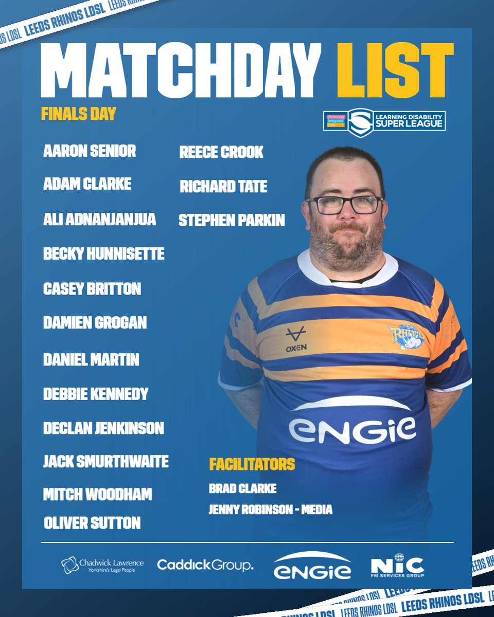 Leeds Rhinos Foundation (@rugbyleeds) on Twitter photo ๐๐๐๐ ๐ธ๐๐๐ ๐ฆ๐๐๐๐๐๐๐ฅ๐ฆ
For the last time this season, we are delighted to announce our <a href="/ComIntCare/">Community Integrated Care</a> <a href="/LDSuperLeague/">Learning Disability Super League</a> team for this year's Finals Day event!๐
We hope you all have an amazing day๐๐
๐ค Inclusive Sport Partner: <a href="/ENGIE_UK/">ENGIE UK</a> ๐๐๐๐ ๐ธ๐๐๐ ๐ฆ๐๐๐๐๐๐๐ฅ๐ฆ
For the last time this season, we are delighted to announce our <a href="/ComIntCare/">Community Integrated Care</a> <a href="/LDSuperLeague/">Learning Disability Super League</a> team for this year's Finals Day event!๐
We hope you all have an amazing day๐๐
๐ค Inclusive Sport Partner: <a href="/ENGIE_UK/">ENGIE UK</a>
