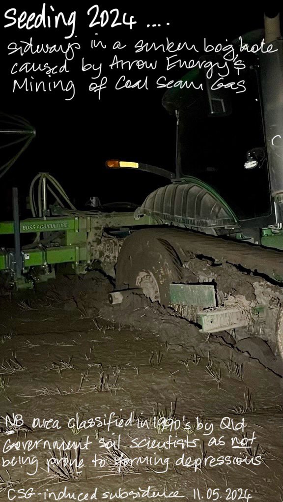 We can no longer turn a profit on once-productive paddocks. Yet, #CSG #miner Arrow Energy who caused the #subsidence continues to profit offshore while we wait for compensation that never arrives due to inaction by Qld Resources Minister <a href="/ScottStewartMP/">Scott Stewart MP</a> &amp; Premier <a href="/StevenJMiles/">Steven Miles</a>