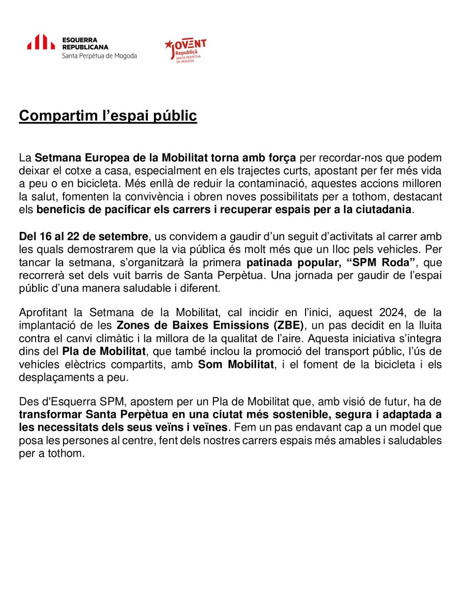 EsquerraSPM's tweet photo. 🚴[COMUNICAT SETMANA EUROPEA DE LA MOBILITAT]🚶‍♀️

Apostem per un #PladeMobilitat i una Santa Perpètua més sostenible, segura i adaptada a les necessitats dels seus veïns i veïnes.

Un pas endavant cap a un model que farà  dels nostres carrers espais més amables i saludables. https://t.co/C0PKaXWike