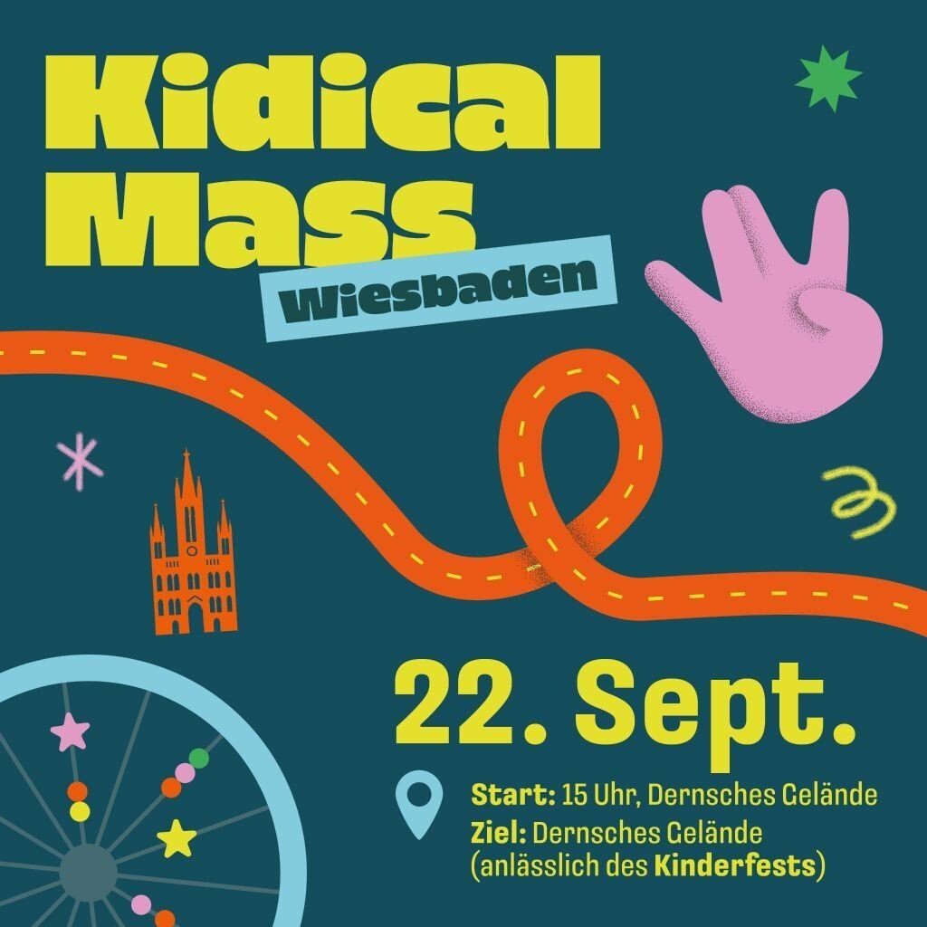 🚴‍♀️ Kidical Mass #Wiesbaden 🚴‍♂️

Mit Zubringertouren! Fahrt bereits zusammen zum Start. 
Mehr Infos: kidicalmass.adfc-wiesbaden.de

📅 Datum: Sonntag, 22. September
🕔 Uhrzeit: 15:00Uhr
📍 Treffpunkt: Dern'sches Gelände 

Kommt zahlreich und lasst uns gemeinsam die Straßen erobern! 🚴‍♀️🚴‍♂️