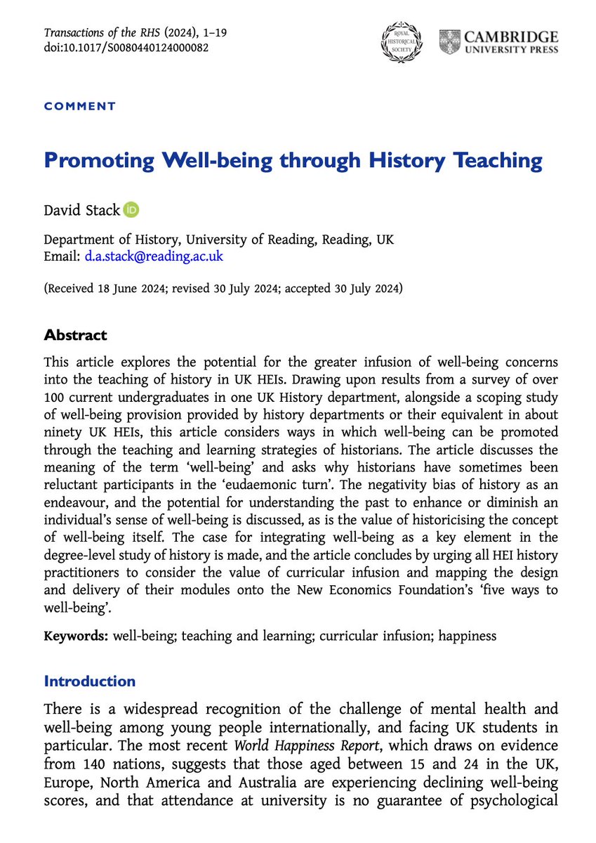 What role can #History teaching play in developing well-being? What place has well-being in the teaching of History? bit.ly/4e8t4PT

A new article in 'Transactions <a href="/RoyalHistSoc/">Royal Historical Society</a>', by David Stack, considers innovative approaches to History pedagogy 1/2 #twitterstorians