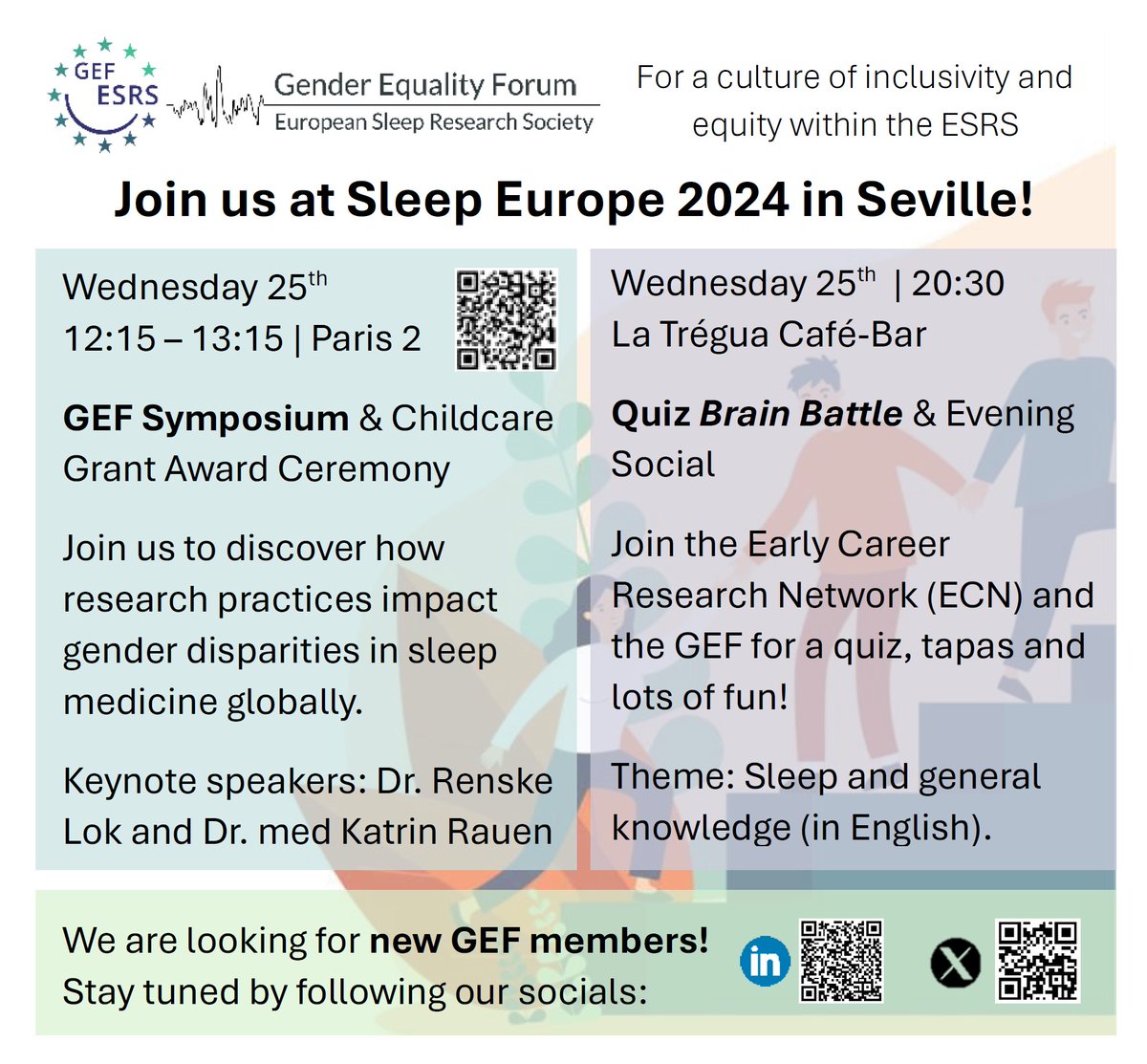 📅 Sleep Europe 2024 GEF Highlights of tomorrow:
GEF Symposium: Sept 25, 12:15 with talks on gender equality 🌍
Brain Battle quiz &amp; social event at La Tregua Café-Bar, Sept 25, 20:30 🎉🧠
Join us for insights, fun, &amp; networking! #SleepEurope2024 #GenderEquality #ESRS 💬
