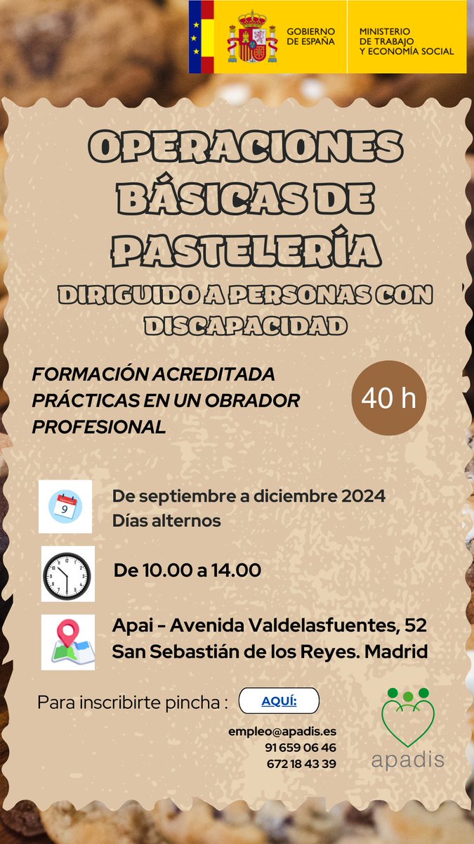 APADISASOC's tweet image. ⚠️📢¡Atención!  interesantísima oferta de #FORMACIÓN!
➡️Ofrecemos formación #acreditada en Operaciones Básicas de Pastelería 🧁🍰🍪🥨dirigida a personas con #disCapacidad
⬇️
⏰40 horas
📅10 días alternos de 10.00 a 14.00
📍Fundación APAI
✍️bit.ly/pasteleriaAPAD…
¡Inscríbete YA!