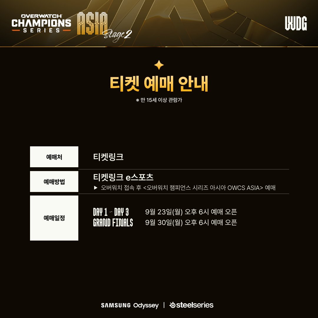 OW_Esports_Asia's tweet photo. OWCS ASIA｜티켓 예매 정보 안내

OWCS ASIA Stage2의 티켓 예매 정보를 안내드립니다!🧑‍🏫

📆 예매 일정
Double Elim. | 9/23 (월) 오후 6시 예매 오픈
Grand Finals | 9/30 (월) 오후 6시 예매 오픈

📝 예매 방법
티켓링크 e스포츠 > '오버워치 챔피언스 시리즈 아시아 OWCS Asia' 예매
🔗예매 주소
https://t.co/KfbTeuUsIn

🎟 대진표의 왼쪽에 위치한 팀이 관객석에서 선수석을 바라봤을 때의 왼쪽에 위치하게 됩니다.
🎟 티켓은 종일권으로 구매 가능합니다.

 #OWCS #OWEsports #오버워치이스포츠 #스틸시리즈 #Steelseries #WDG