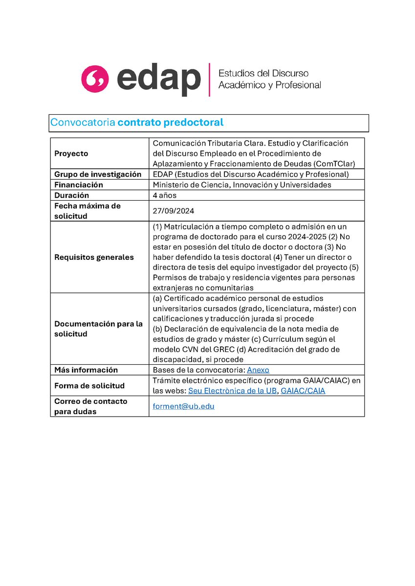 ClarComt's tweet photo. 📢 ¡Convocatoria de contrato predoctoral! 🎓 Únete al proyecto “Comunicación Tributaria Clara” del grupo EDAP. 🗓️ Plazo de solicitud: hasta el 27/09/2024. Más info y requisitos aquí: https://t.co/NthdQoIwdD #BecaPredoctoral #Investigación #ComunicaciónClara https://t.co/paFgehBSt6