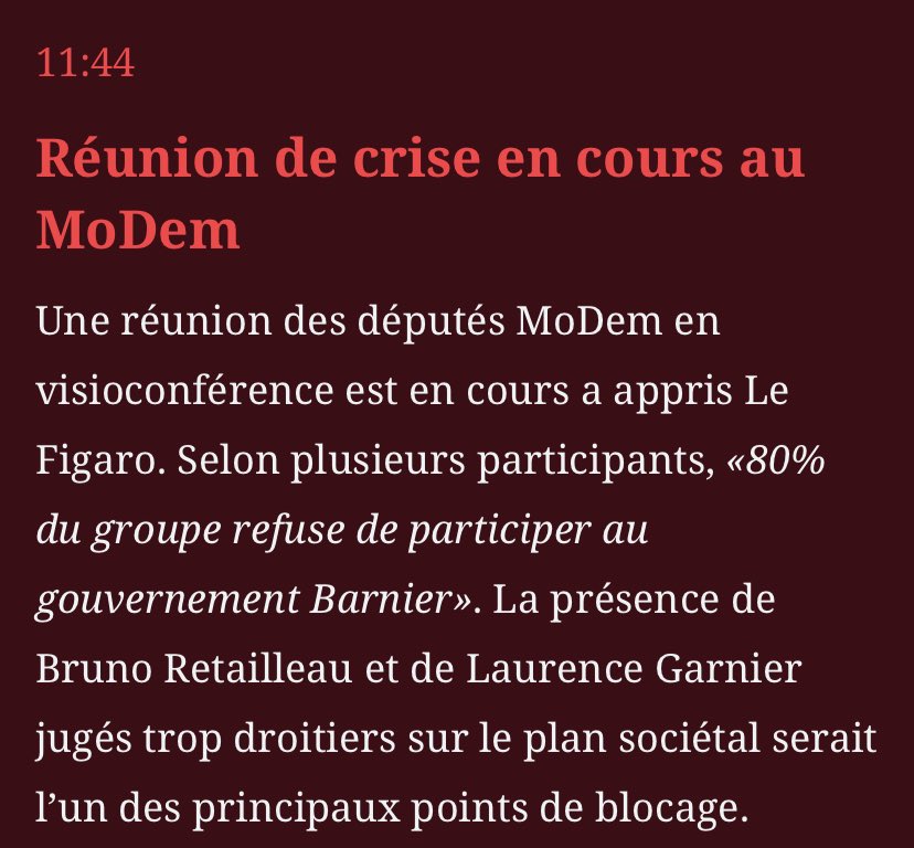 Réunion de crise en cours au MoDem, où 80% des députés refusent que des membres de leur parti participent à un gouvernement Barnier jugé « trop droitier ». Les présences de Bruno Retailleau et Laurence Garnier sont pointées du doigt. Info <a href="/MartinLagrave/">Martin Lagrave</a> 

lefigaro.fr/politique/en-d…