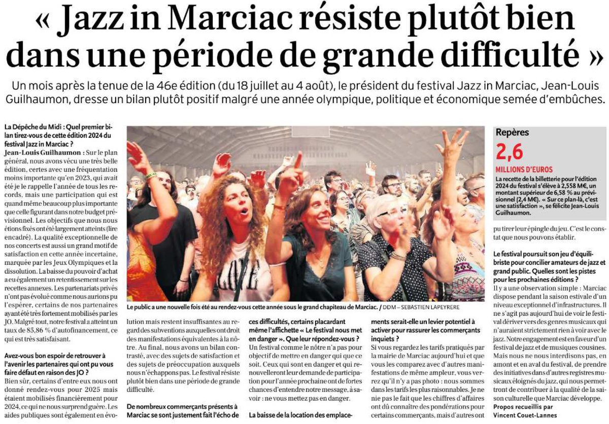 Jazz_in_Marciac's tweet image. Un mois après la tenue de la 46e édition de Jazz in Marciac, le président du festival Jean-Louis Guilhaumon répond aux questions de @ladepechedumidi et dresse un bilan plutôt positif malgré une année olympique, politique et économique semée d’embûches. #𝓳𝓪𝔃𝔃𝓲𝓷𝓶𝓪𝓻𝓬𝓲𝓪𝓬