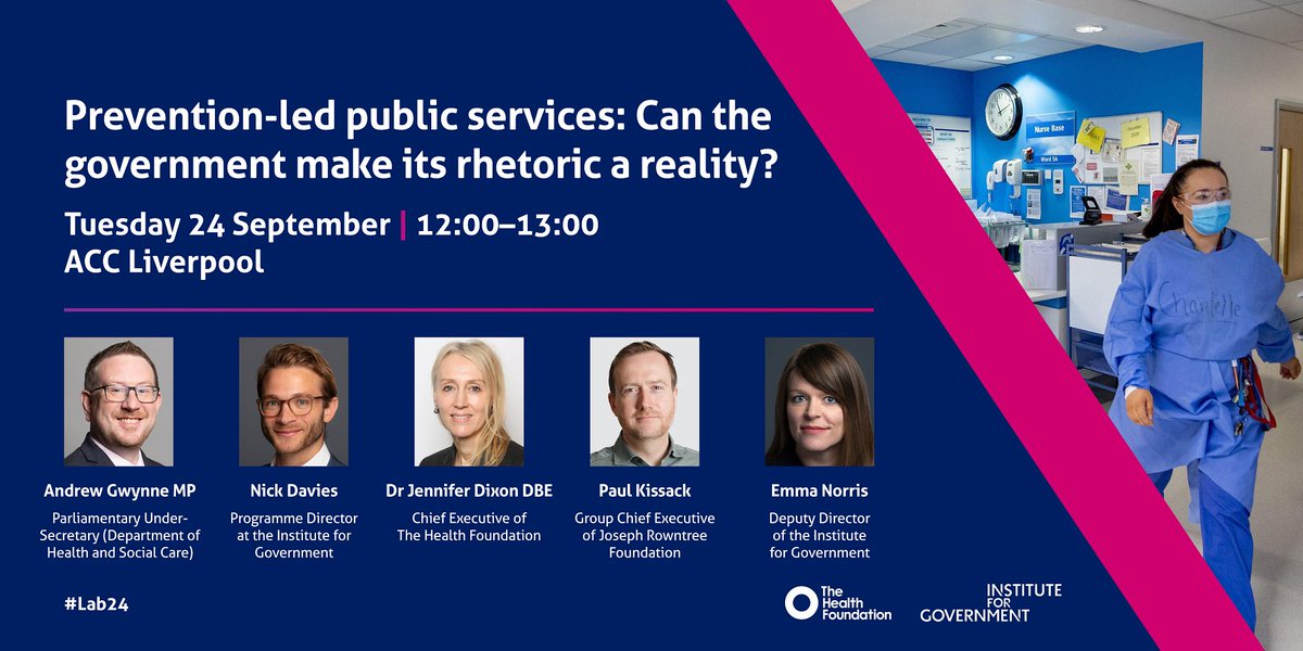 Institute for Government (@instituteforgov) on Twitter photo Labour has put prevention at the centre of its plans for public service. But can the government make its rhetoric a reality?
Don't miss our next event at 12:00 with <a href="/GwynneMP/">Andrew Gwynne MP</a> <a href="/NJ_Davies/">Nick Davies</a> <a href="/JenniferTHF/">Jennifer Dixon</a> <a href="/PaulKissack/">Paul Kissack</a> <a href="/Emma_Norris/">Emma_Norris</a> Labour has put prevention at the centre of its plans for public service. But can the government make its rhetoric a reality?
Don't miss our next event at 12:00 with <a href="/GwynneMP/">Andrew Gwynne MP</a> <a href="/NJ_Davies/">Nick Davies</a> <a href="/JenniferTHF/">Jennifer Dixon</a> <a href="/PaulKissack/">Paul Kissack</a> <a href="/Emma_Norris/">Emma_Norris</a>