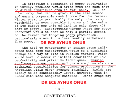 Askeri Antropoloji alanında uzman olan Dr. Ece Aynur Onur tarafından yayınlanan 17 farklı CIA belgesini Türkçe'ye çevirerek makalede yayınladık.
Bu belgeler 1970'lerde ülkemizdeki haşhaş ekimini engellemek için ABD'nin oyunlarını deşifre ediyor.
Teşekkür ederiz.
<a href="/dreceaynuronur/">Dr. Ece Aynur Onur</a>