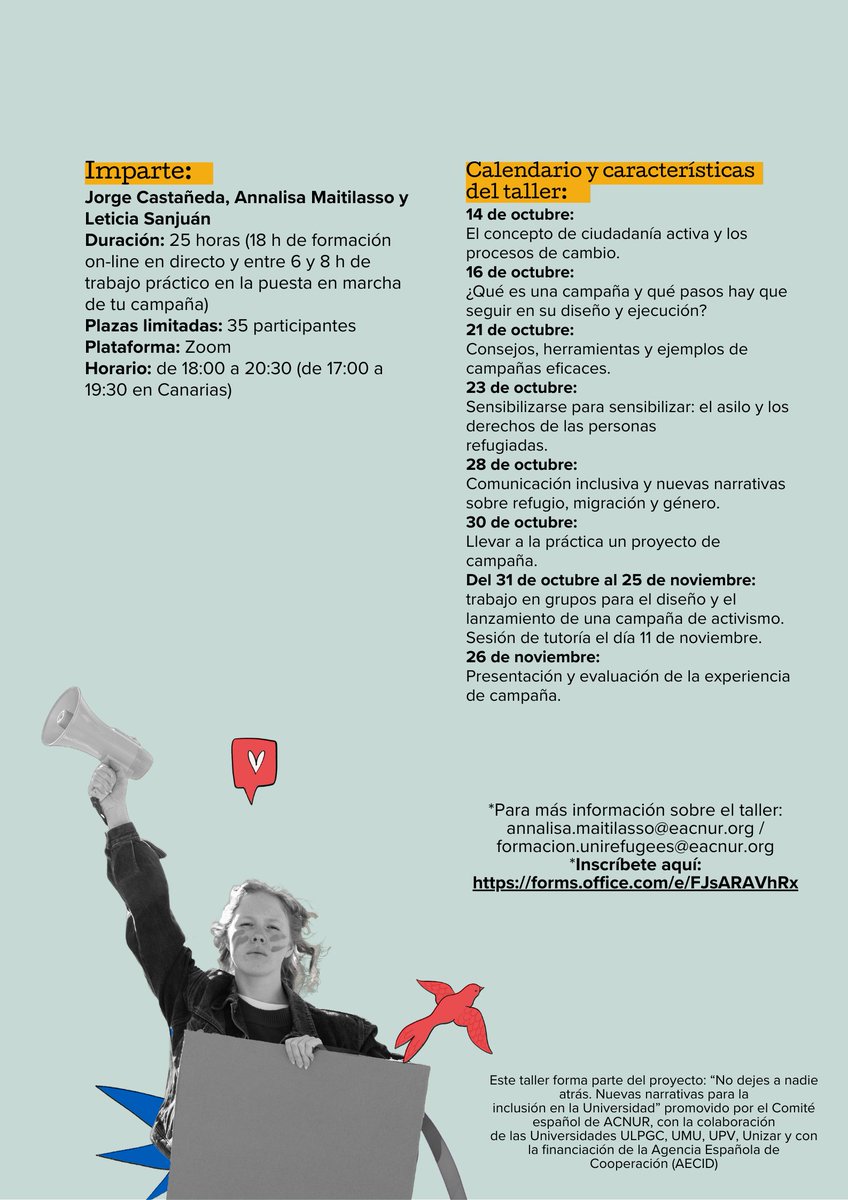 Cooperación al Desarrollo UPV (@ccd_upv) on Twitter photo ¿Quieres aprender a diseñar y poner en marcha tu propia campaña de sensibilización?
Únete a los talleres de Campañas Creativas del comité español de <a href="/ACNURspain/">ACNUR España</a>
📝Inscríbete en forms.office.com/e/FJsARAVhRx ¿Quieres aprender a diseñar y poner en marcha tu propia campaña de sensibilización?
Únete a los talleres de Campañas Creativas del comité español de <a href="/ACNURspain/">ACNUR España</a>
📝Inscríbete en forms.office.com/e/FJsARAVhRx