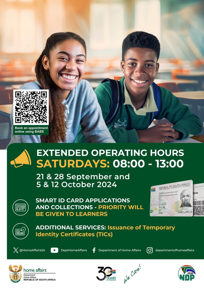 To support our valued matriculants, Home Affairs offices will be open on Saturdays for the next four weekends. Let’s all encourage our young people to apply for, and collect, the IDs they are entitled to. This document unlocks your future! 🇿🇦