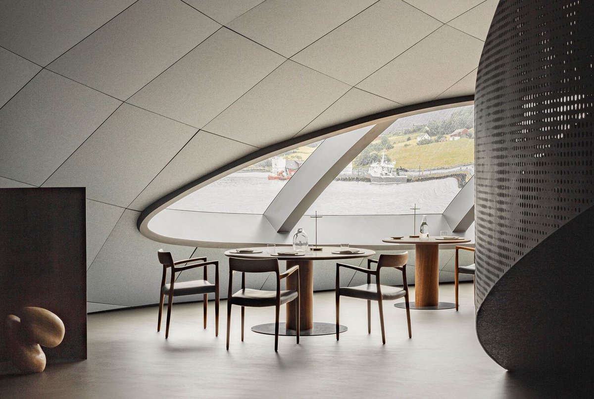 ArchDaily's tweet photo. Framed by the majestic Hardangerfjord, Michelin-starred "#Restaurant Iris" presents a visual contrast of bespoke furniture, soft lighting, and natural materials with the striking steel curves of the ellipsoid building. https://t.co/EnjZmYRS7C #architecture #interiors https://t.co/tzUNeHLN9l