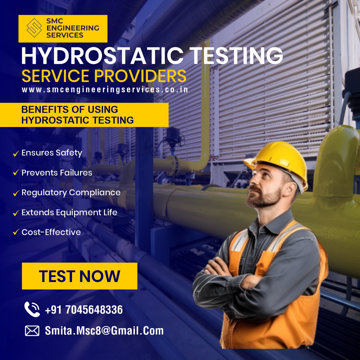 SMC_eng's tweet image. ✅ Ensure safety and reliability with our Hydrostatic Testing services! At SMC Engineering Services, we specialize in testing pressure systems to guarantee their strength and performance. 

📲 +91 7045648336
📩 Smita.Msc8@Gmail.Com
📶 smcengineeringservices.co.in/hydrostatic-te…

#HydrostaticTesting