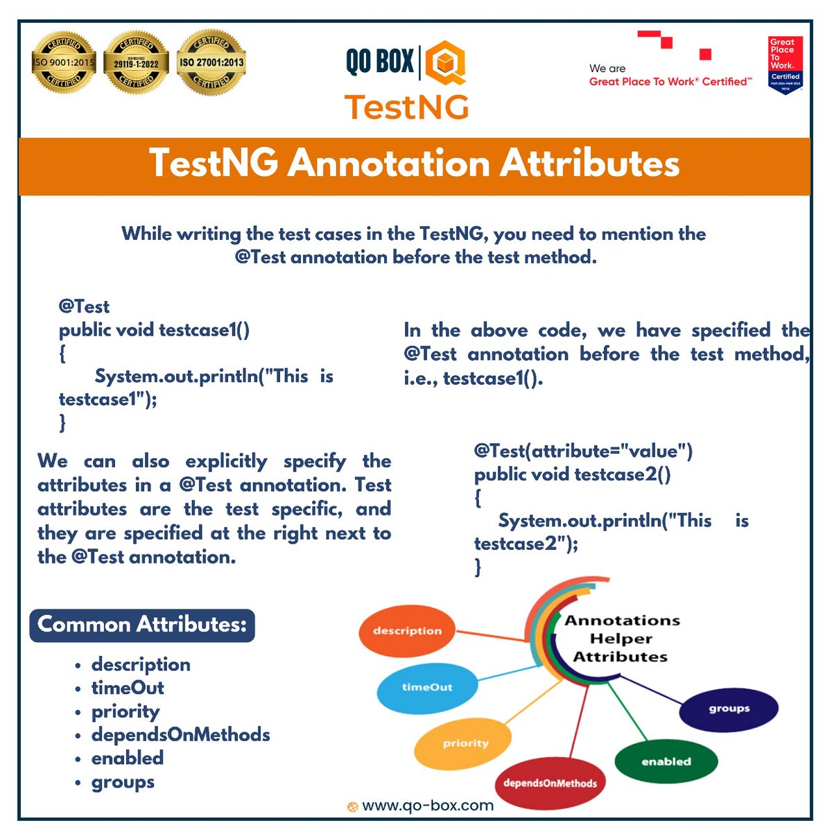 QoBox's tweet image. TestNG Annotation Attributes

#TestNG #annotations #testing #codingtips #softwaredevelopment #programmerslife #automationtesting #qobox