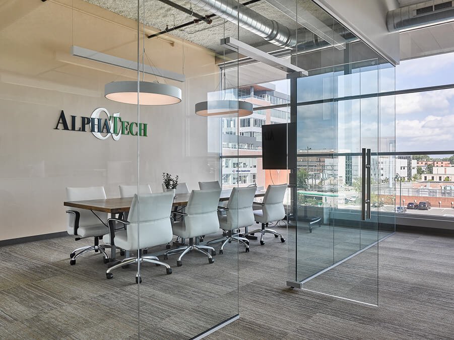 VogelBrosBuildC's tweet image. Vogel Bros. successfully completed an impressive interior renovation project for AlphaTech that involved the transformation of the 4,000 square foot space, with a primary focus on the all-glass entryway, conference room, and meeting space. #Projects #AlphaTech