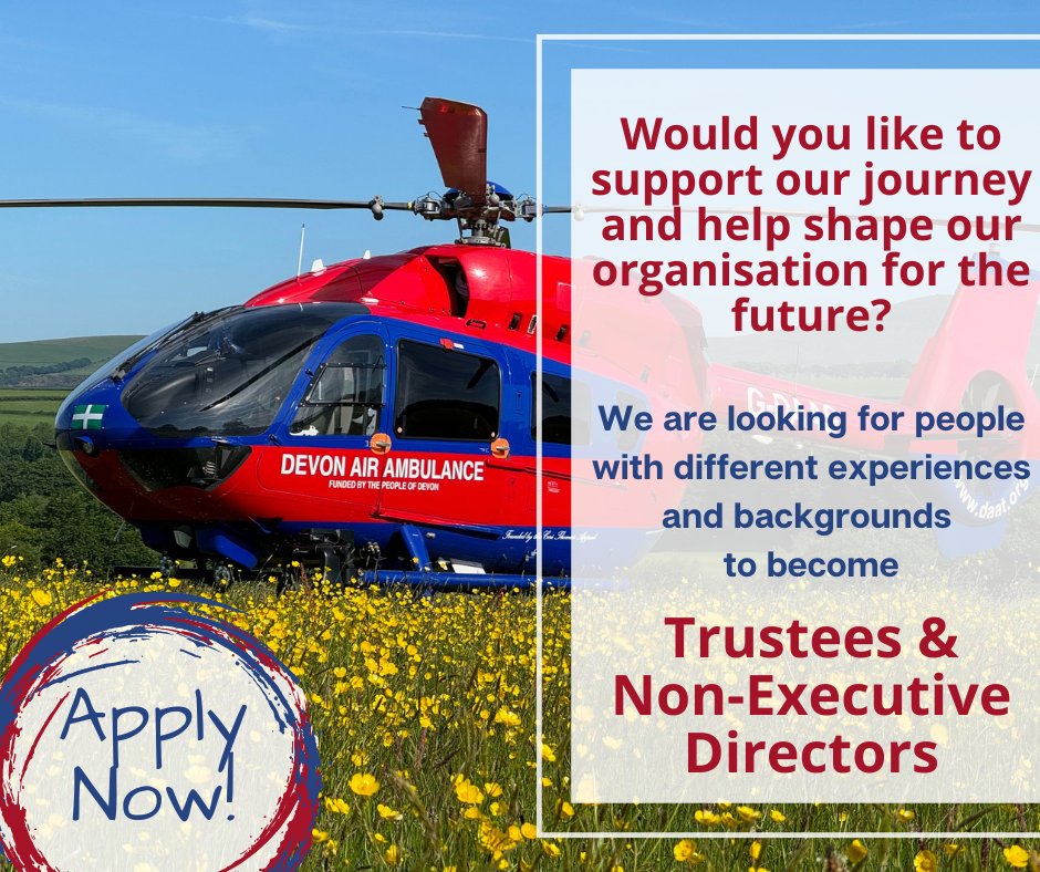 Devon Air Ambulance (@devonairamb) on Twitter photo We are looking for people with different experiences and backgrounds to join DAA as Trustees & Non-Executive Directors!
To find out more, please visit our website: careers.daat.org/job/7d501746-5… or contact us at trusteerecruitment@daat.org
#Charity #Trustees #NEDs #DevonAirAmbulance We are looking for people with different experiences and backgrounds to join DAA as Trustees & Non-Executive Directors!
To find out more, please visit our website: careers.daat.org/job/7d501746-5… or contact us at trusteerecruitment@daat.org
#Charity #Trustees #NEDs #DevonAirAmbulance