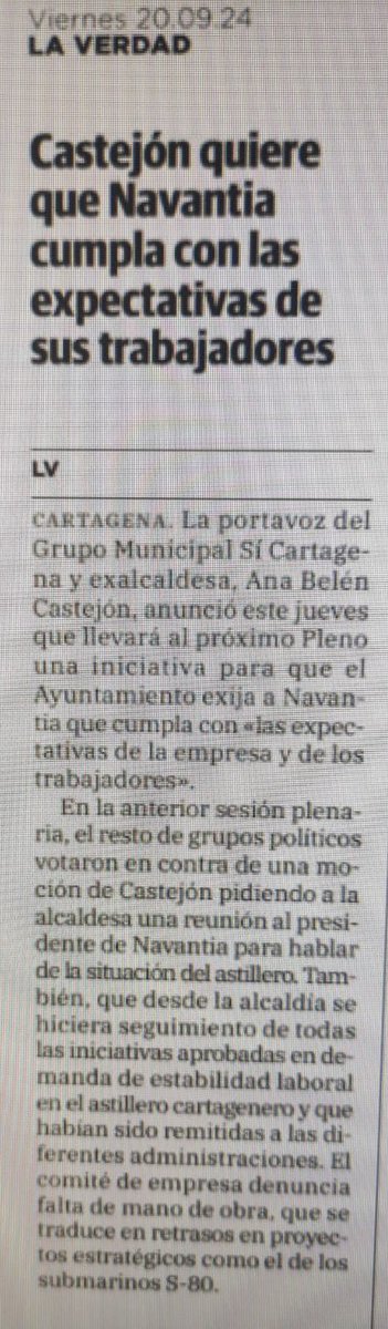 Ana Belén Castejón (@anabcastejon) on Twitter photo Seguimos y no pararemos <a href="/SiCartagena2023/">Sí Cartagena</a> ⬇️
Vía <a href="/laverdad_es/">laverdad_es</a> <a href="/laverdad_ct/">La Verdad Cartagena</a> <a href="/NavantiaOficial/">Navantia</a> <a href="/CCOO_NavantiaCT/">CCOO Navantia Cartagena</a> <a href="/EmpresaNavantia/">Navantia</a>
#LaIndustriaPorBandera Seguimos y no pararemos <a href="/SiCartagena2023/">Sí Cartagena</a> ⬇️
Vía <a href="/laverdad_es/">laverdad_es</a> <a href="/laverdad_ct/">La Verdad Cartagena</a> <a href="/NavantiaOficial/">Navantia</a> <a href="/CCOO_NavantiaCT/">CCOO Navantia Cartagena</a> <a href="/EmpresaNavantia/">Navantia</a>
#LaIndustriaPorBandera