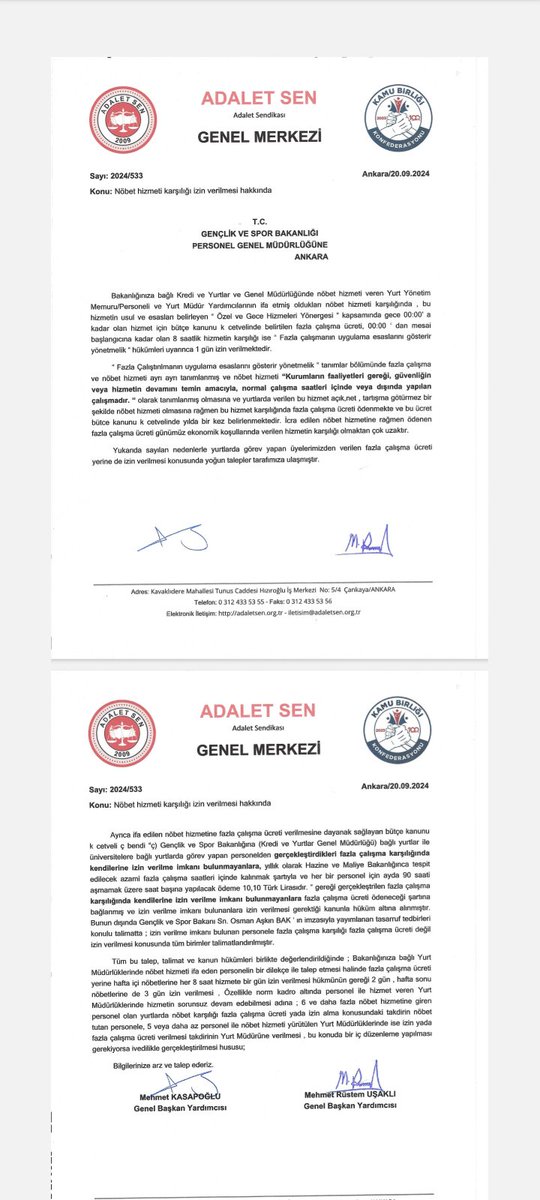 <a href="/gencliksporbak/">Gençlik ve Spor Bakanlığı 🇹🇷</a> ' na Bağlı Yurt Müdürlüklerinde nöbet tutan personelin, talep etmesi halinde fazla çalışma ücreti yerine izin verilmesi talebimizi Bakanlığımıza ilettik.

Trajikomik fazla çalışma ücreti değil , sevdiklerimizle zaman, insanca yaşam istiyoruz.