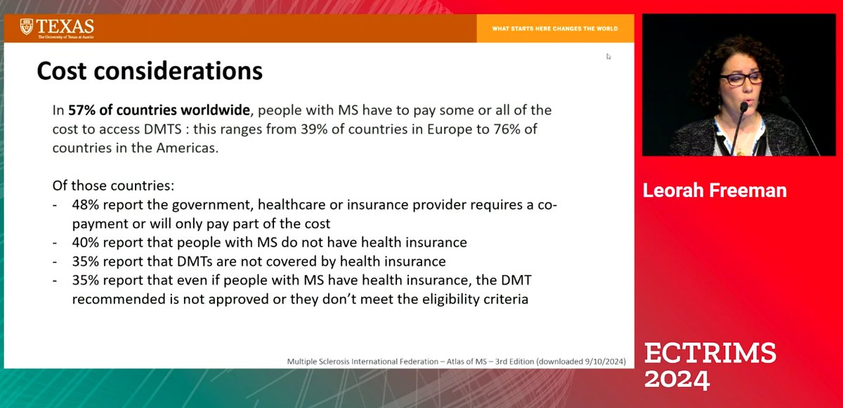 💡 Did you know? In 57% of countries, people with #MS have to pay some or all of the costs for DMTs, according to the #AtlasOfMS. This varies globally from 39% in Europe to 76% in the Americas. We need to continue advocating for equitable access to treatments! 💪

 #ECTRIMS2024