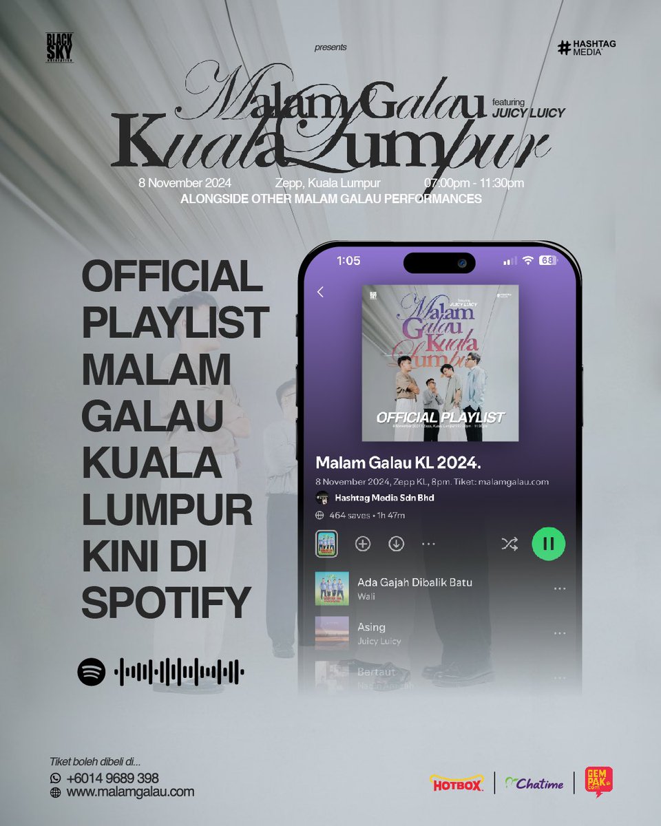 Official Playlist #MalamGalauKL featuring Juicy Luicy pada 8 November di Zepp KL kini di Spotify!

Korang rasa selain Juicy Luicy, siapa yang akan perform nanti? Cuba komen di bawah!

Dapatkan tiket di malamgalau.com atau tekan link di bio, jumpa nanti guys! 🙌