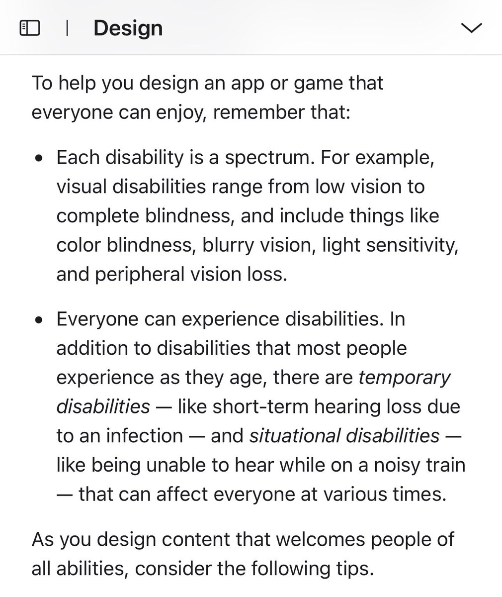 애플 디자인 가이드라인 포용성에서 장애에 대해 말하는 두가지.
1. 장애는 장애, 비장애 이분적이 아니라 스펙트럼이다. 불편함의 정도가 다를 뿐.
2. 누구나 장애를 경험하게 된다. 일시적이라도. 그리고 나이가 들면 필연적으로 장애를 가지게 된다.
모두를 위하는 것임.
developer.apple.com/design/human-i…