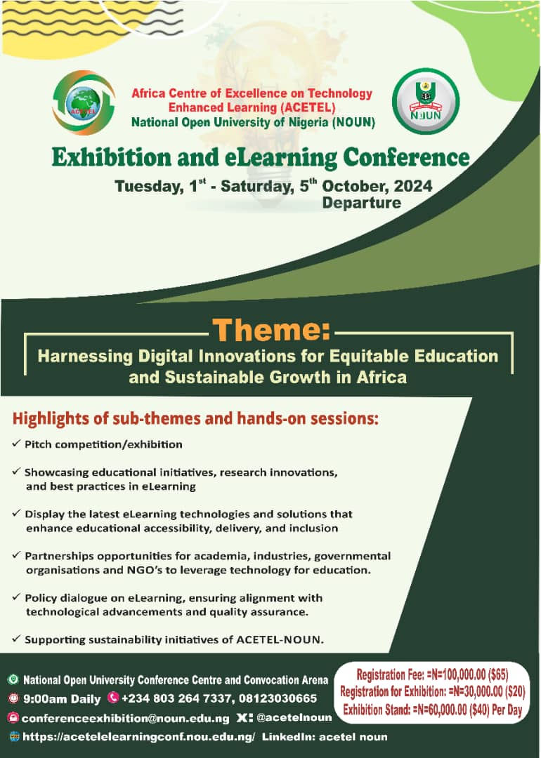 Africa Higher Ed. Centers of Excellence-ACE Impact (@the_aceproject) on Twitter photo Transform education in Africa through technology! Join <a href="/acetelnoun/">ACETEL, NOUN</a>'s Exhibition & eLearning Conference in Abuja, Nigeria from Oct 1-4, 2024. Showcase innovations, foster collaboration & policy dialogue.
Learn more: tinyurl.com/43dcny74
#ACETEL #eLearning #Africa #EdTech Transform education in Africa through technology! Join <a href="/acetelnoun/">ACETEL, NOUN</a>'s Exhibition & eLearning Conference in Abuja, Nigeria from Oct 1-4, 2024. Showcase innovations, foster collaboration & policy dialogue.
Learn more: tinyurl.com/43dcny74
#ACETEL #eLearning #Africa #EdTech