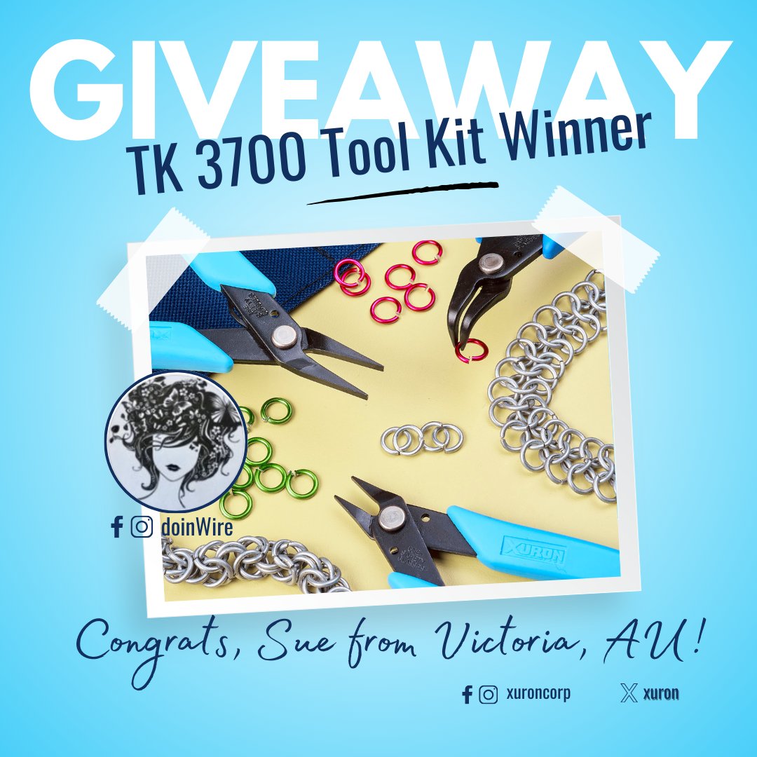 Xuron's tweet image. Congrats to Sue from Victoria, AU, for winning the TK 3700 Chainmaille Tool Kit in our latest giveaway! 🎉 Enjoy your new Xuron® tools!  #chainmaille #XuronTools