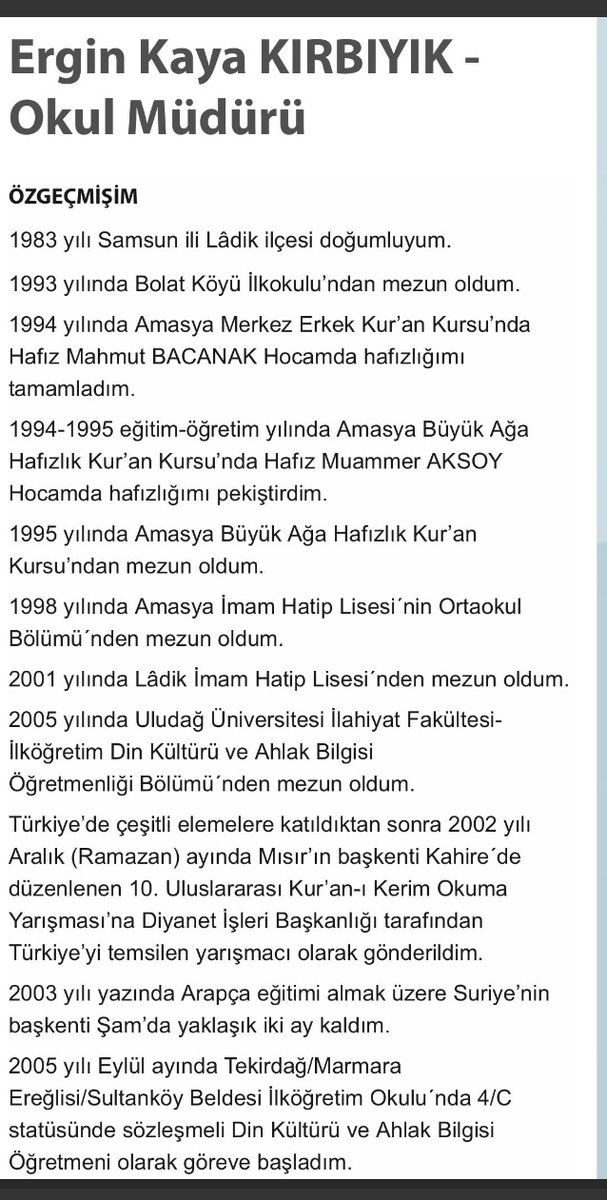 intkami_harp_II's tweet photo. Başörtüsü takmıyor diye bir öğretmenin kapısını baltayla kırarak odasına giren İmam Hatip müdürü, Ergin Kaya Kırbıyık'ın CV'si..

İnsanlığa bir hamam böceği kadar yararı olmayan zararlı bakterinin teki. https://t.co/tVGTgZ5Bdb