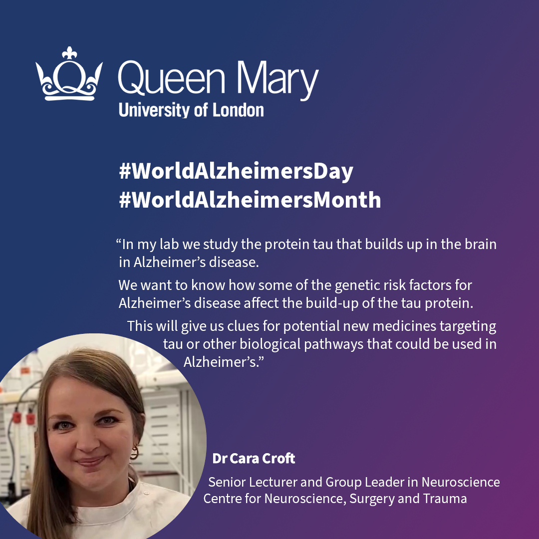 Barts and The London, Queen Mary (@qmulbartsthelon) on Twitter photo Dr <a href="/Cara_Croft/">Dr Cara Croft</a> is studying the way genetic risk factors affect the build up of protein in the brain: #WorldAlzheimersDay #WorldAlzheimersMonth Dr <a href="/Cara_Croft/">Dr Cara Croft</a> is studying the way genetic risk factors affect the build up of protein in the brain: #WorldAlzheimersDay #WorldAlzheimersMonth