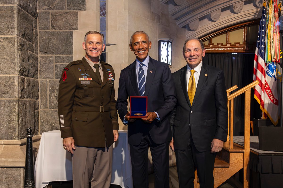 Yesterday, 44th President <a href="/BarackObama/">Barack Obama</a>, the 2024 Thayer Award recipient, trooped the line with West Point Superintendent, Lt. Gen. Steven W. Gilland, and First Captain, Cadet Caroline Robinson, during the annual Thayer Award Review.

To learn more about the Thayer Award, visit: