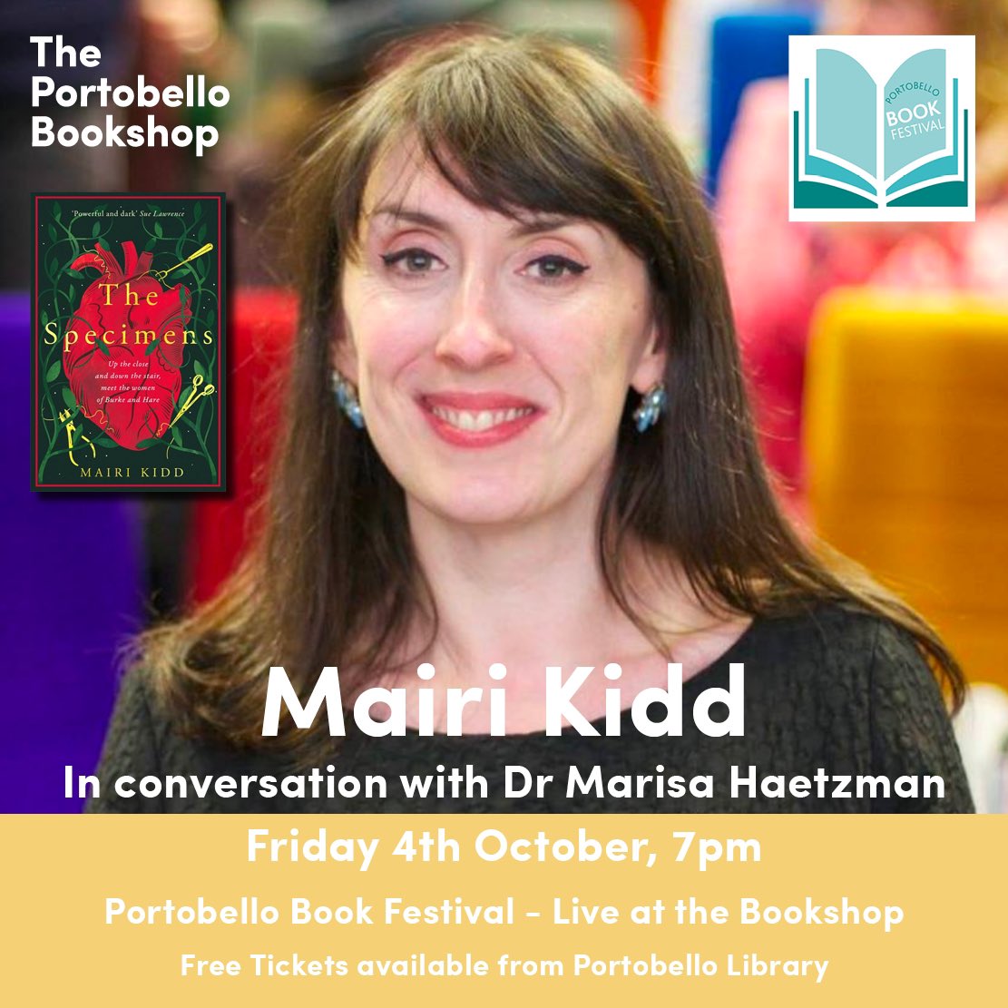 On that very evening, Fri 04/10, we’ve got the pleasure of hosting <a href="/Nighneag/">Mairi Kidd</a>’s launch of The Specimens. She’ll be in conversation with Dr Marisa Haetzman. Get free tickets from <a href="/PortyLibrary/">Porty Library = Feeling less Summery! 🌞🥰</a>. 

Details: theportobellobookshop.com/events/mairi-k…

Signed &amp; Dedicated Edition: theportobellobookshop.com/9781785306365-s