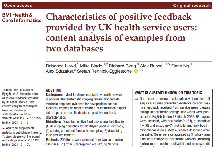 James Munro (@jamesfm55.bsky.social) (@jamesfm55) on Twitter photo Good to see new research using <a href="/careopinion/">Care Opinion</a> + FFT data. Positive patient feedback is both under-researched and under-used as an intervention.
informatics.bmj.com/content/31/1/e… Good to see new research using <a href="/careopinion/">Care Opinion</a> + FFT data. Positive patient feedback is both under-researched and under-used as an intervention.
informatics.bmj.com/content/31/1/e…