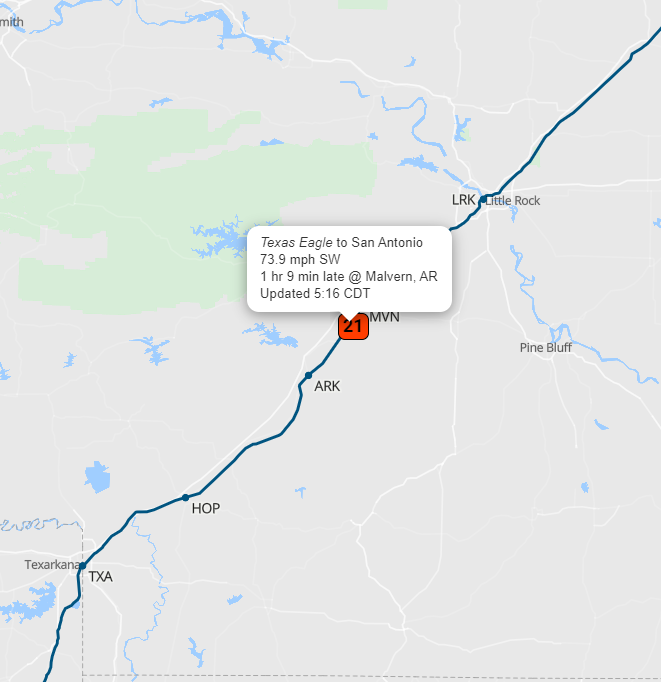 AmtrakStatus's tweet image. ALERT! 📷 Train 21 'Texas Eagle' is running behind schedule by 1 hour and 19 minutes.
Need to know when it arrives? Track your train in real-time: trains-today.com/train/amtrak-21
📷 Stay on track with us! #Amtrak #TrainRealTime