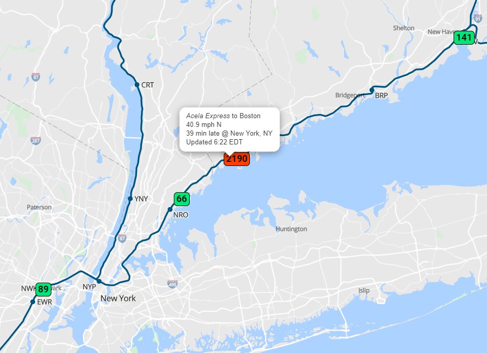 AmtrakStatus's tweet image. ALERT! 📷 Train 2190 'Acela Express' is running behind schedule by 0 hour and 39 minutes.
Need to know when it arrives? Track your train in real-time: trains-today.com/train/train-21…
📷 Stay on track with us! #Amtrak #TrainRealTime